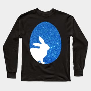 Easter Bunny Silhouette in Blue Faux Glitter Easter Egg Long Sleeve T-Shirt